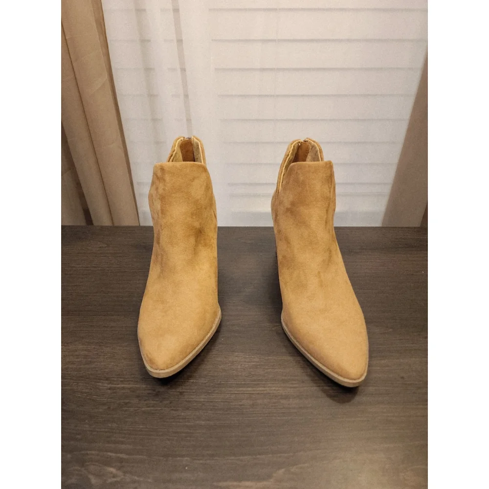 Sun + Stone Modern Microsuede Western Block Heel Booties Boots 7 M Tan BROWN - Picture 6 of 13